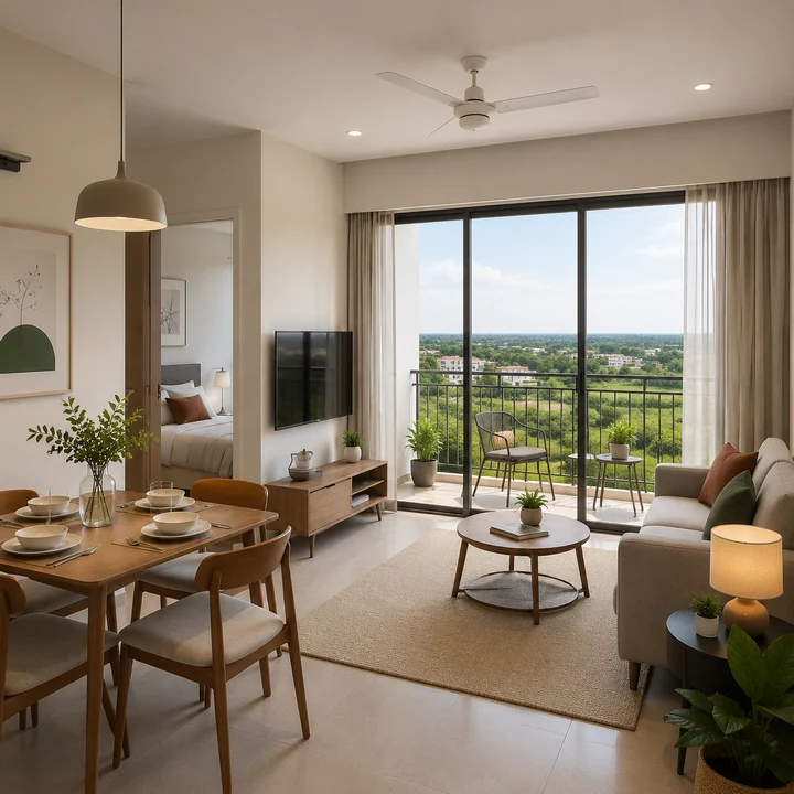 Urbanrise Gattahalli indicative apartment living and dining interior with sliding doors onto a furnished balcony