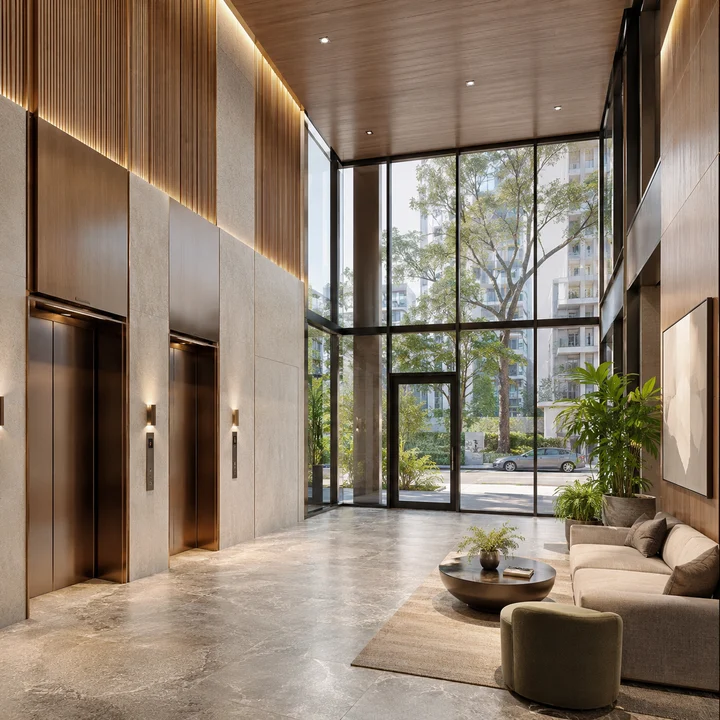 Urbanrise Gattahalli indicative double-height entrance lobby with bronze-clad lift doors and full-height glazing to the street